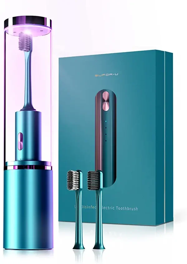 SUFOR-U Q5 Travel Sonic Toothbrush for Couple, Electric Toothbrush with Irradiation lamp for Adults, 4 Modes 2 Brush Heads High Power Wireless Rechargeable Toothbrush (Green)